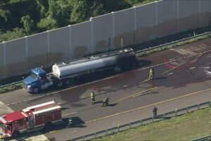 Tanker truck catches fire on I-95 in Bristol, Bucks County
