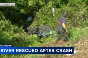 Driver rescued after truck crashes down embankment in Hockessin, Delaware
