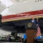 President Donald Trump unveils the new Air Force One, a converted Qatari jet