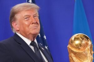 Trump celebrates the World Cup as a US victory as he prepares to present trophy to the winning team