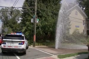 Water erupts from broken transmission main in Roxborough
